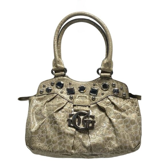 Vtg Guess Ivory Crocodile Print Embossed Faux Leather w Top Handle Bag, Y2K - Picture 1 of 6